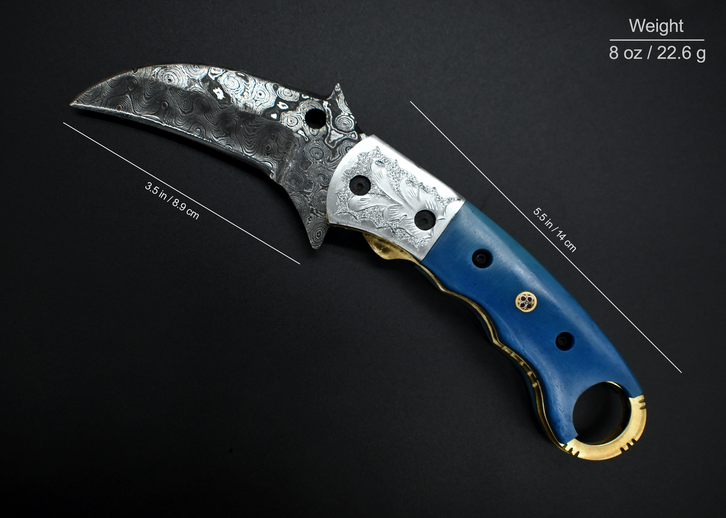 Damascus Karambit Knife – Blue Handle