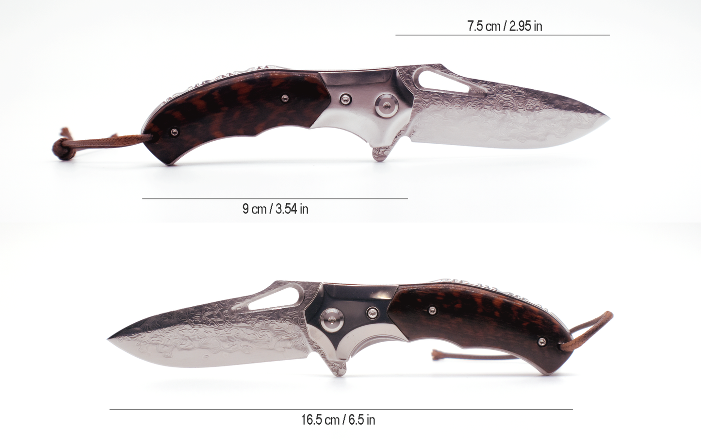 Damascus Pocket Knife – Snakewood Handle – Thumb Hole