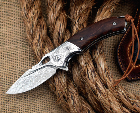Damascus Pocket Knife - Ironwood Handle