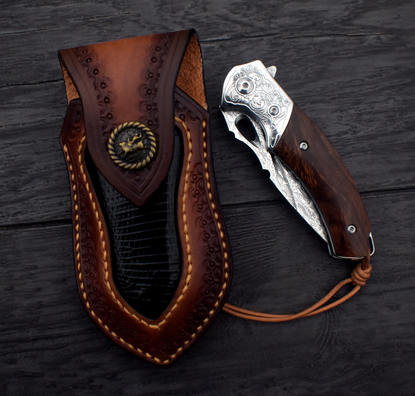 Damascus Pocket Knife - Ironwood Handle