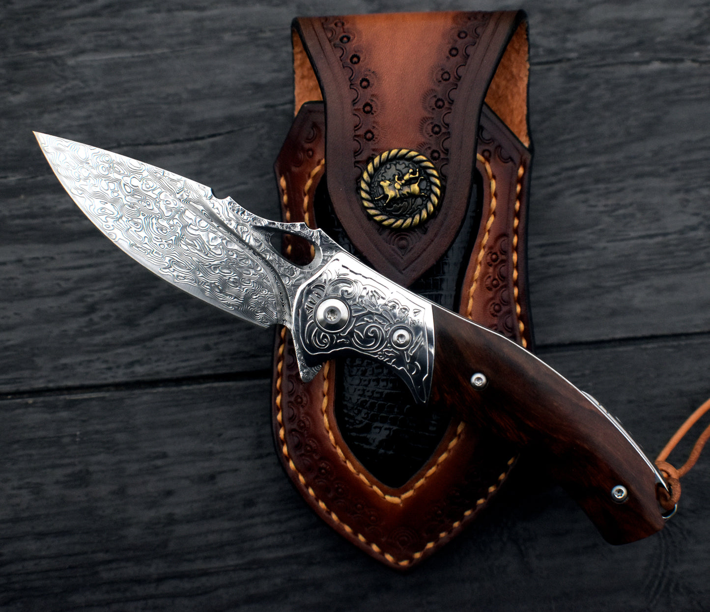 Damascus Pocket Knife - Ironwood Handle