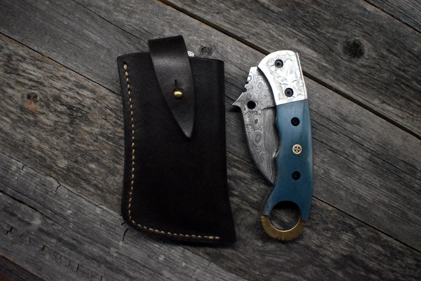 Damascus Karambit Knife – Blue Handle