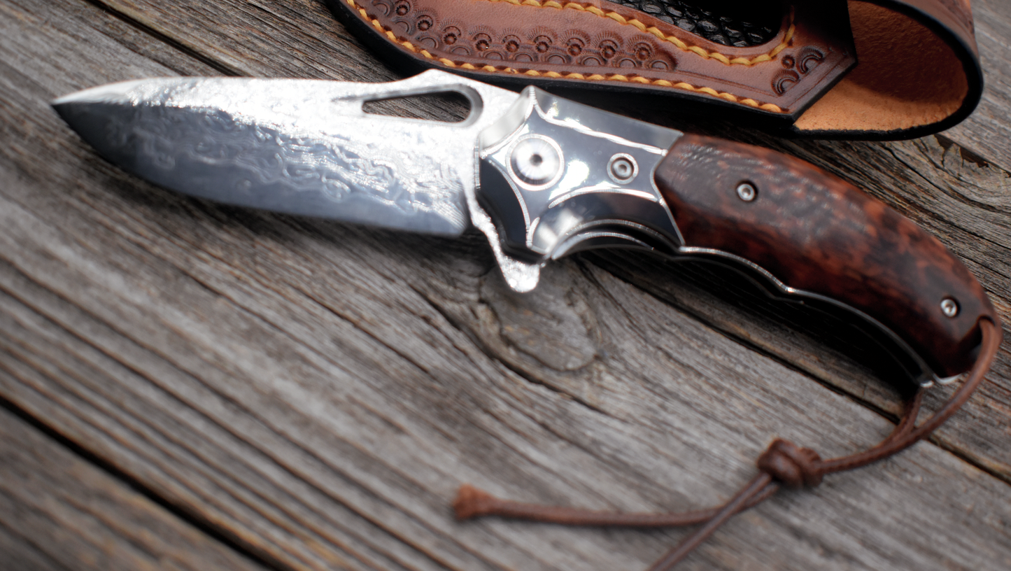 Damascus Pocket Knife – Snakewood Handle – Thumb Hole