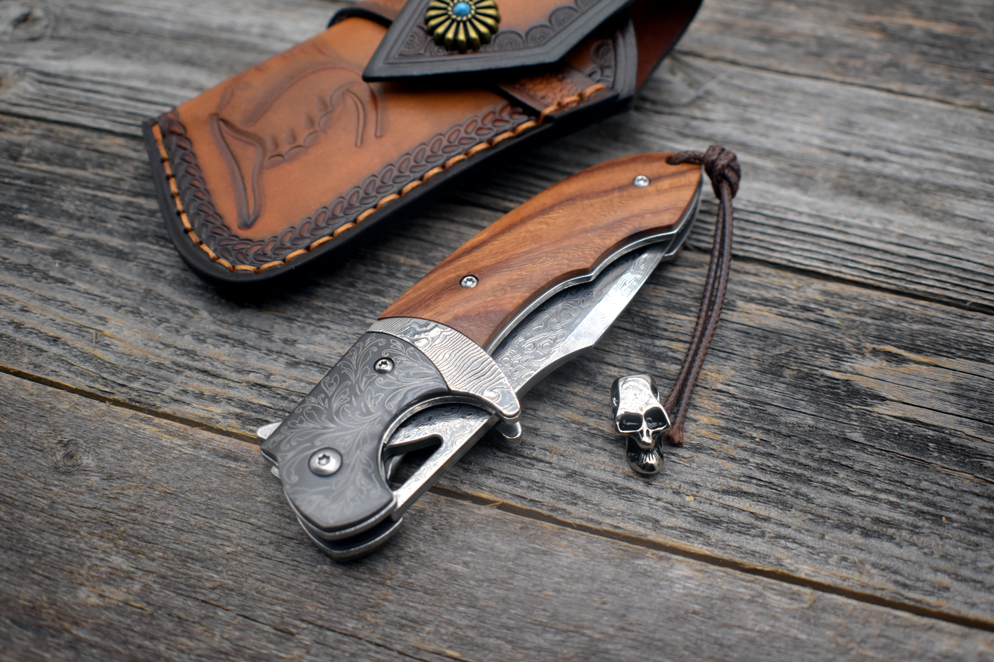 VG10 Damascus Pocket Knife – Rosewood Handle – Curved Blade