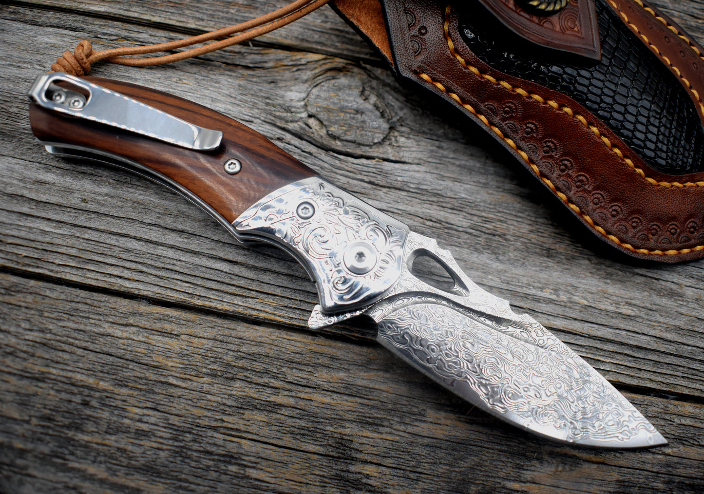 Damascus Pocket Knife - Ironwood Handle