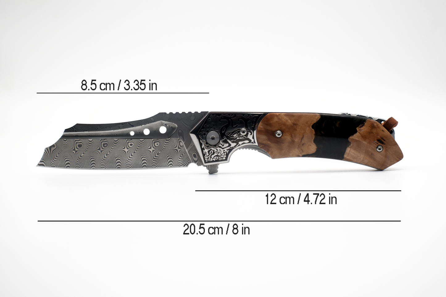 Damascus Pocket Knife – Olive Burl Wood Handle