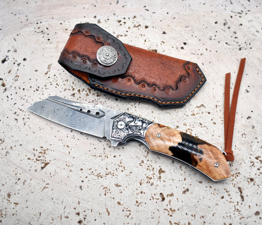 Damascus Pocket Knife – Olive Burl Wood Handle