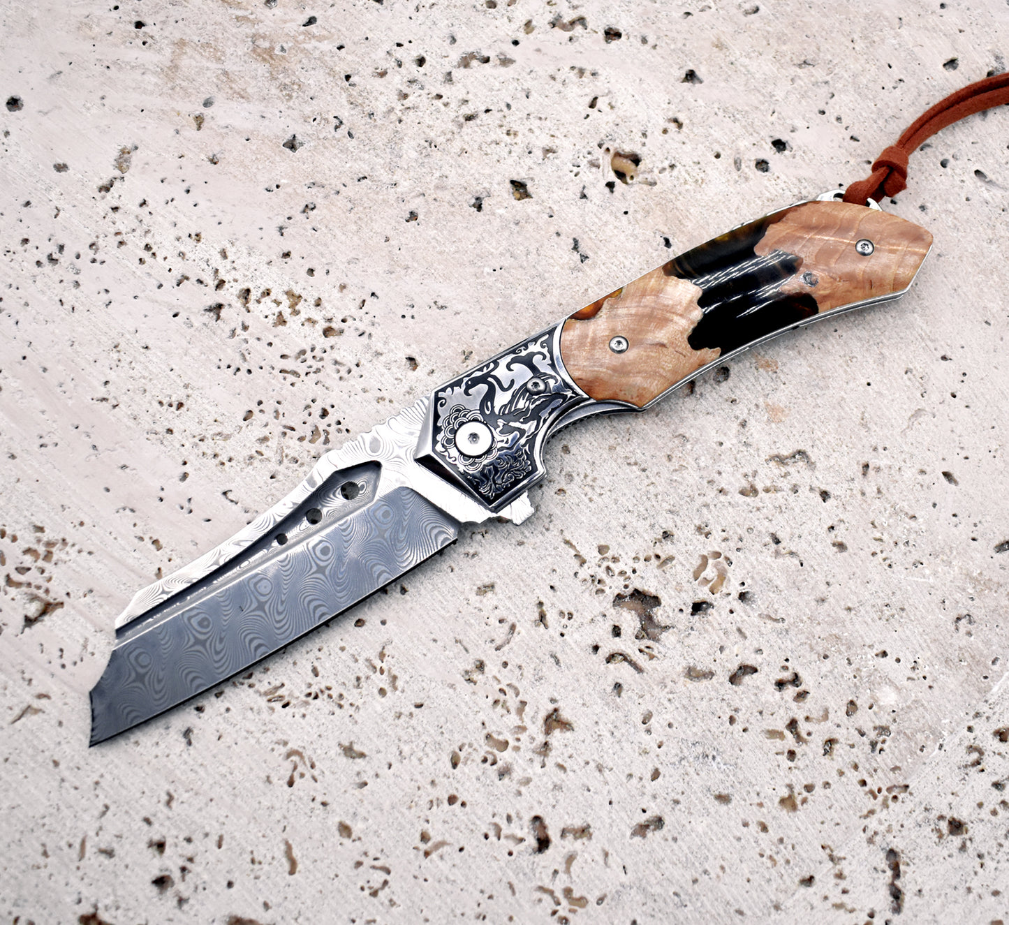 Damascus Pocket Knife – Olive Burl Wood Handle