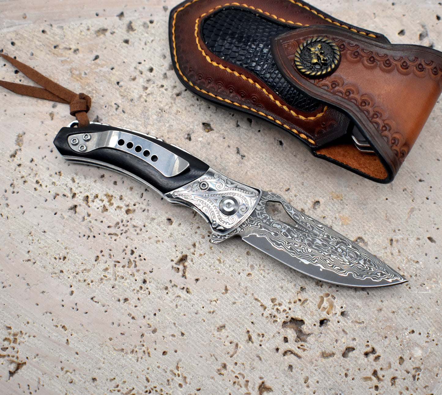 VG10 Damascus Pocket Knife – Ebony Wood Handle
