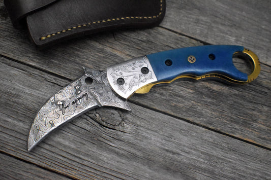 Damascus Karambit Knife – Blue Handle