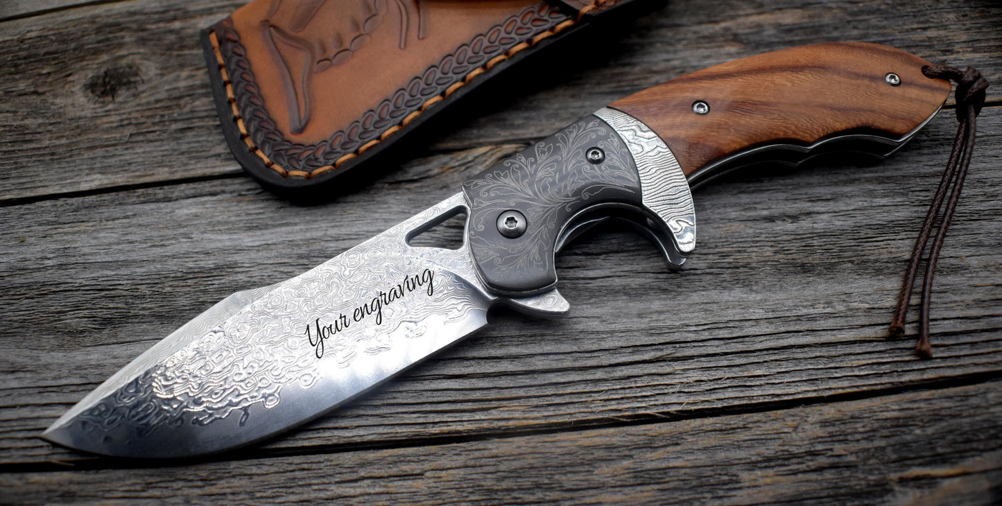 VG10 Damascus Pocket Knife – Rosewood Handle – Curved Blade
