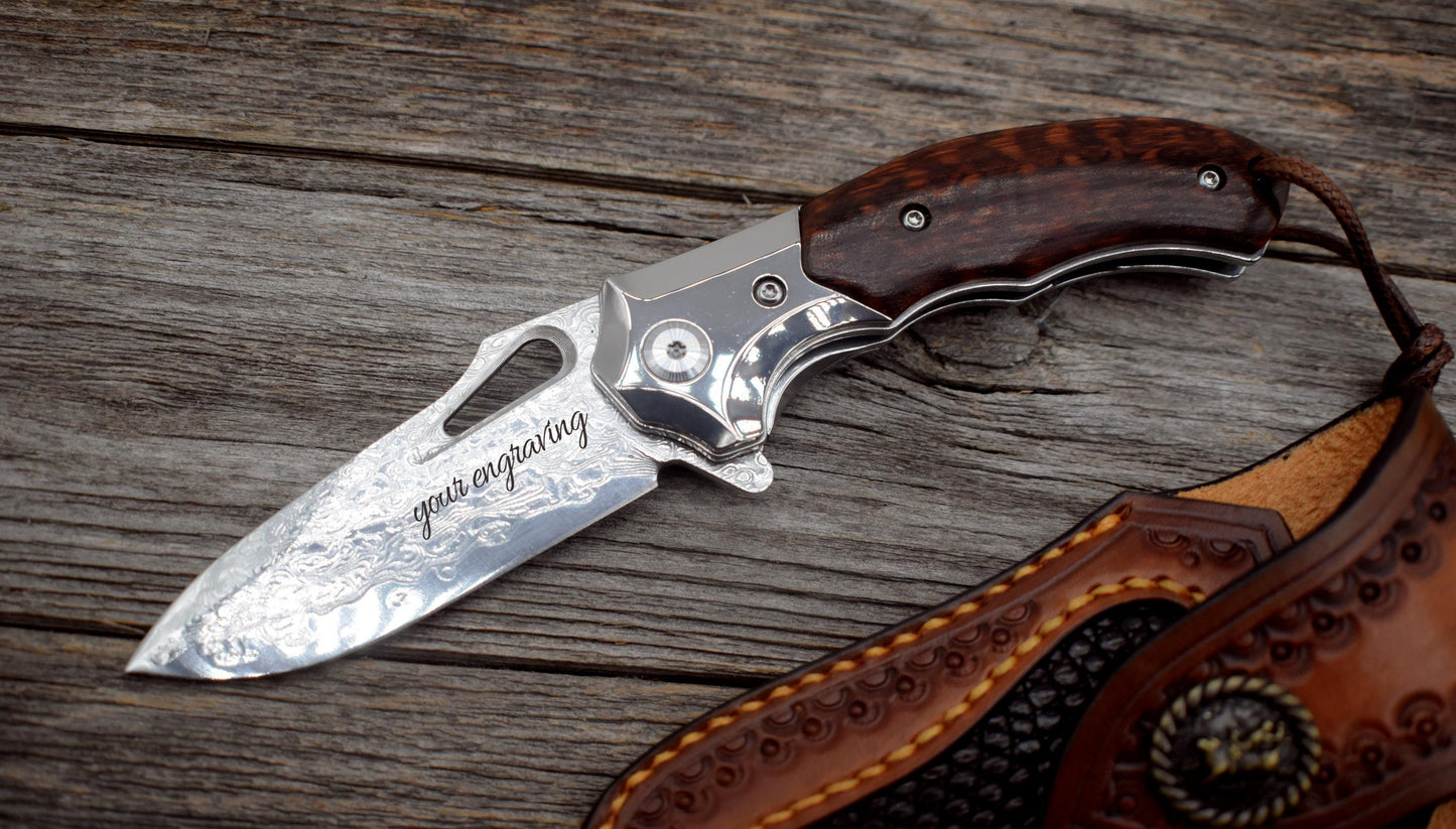 Damascus Pocket Knife – Snakewood Handle – Thumb Hole