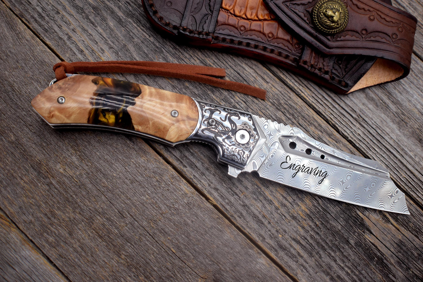 Damascus Pocket Knife – Olive Burl Wood Handle